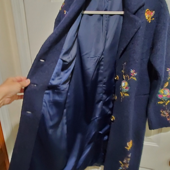 Sundance Wool Blend Embroidered Floral Longline Navy Coat Size XS - Picture 11 of 16